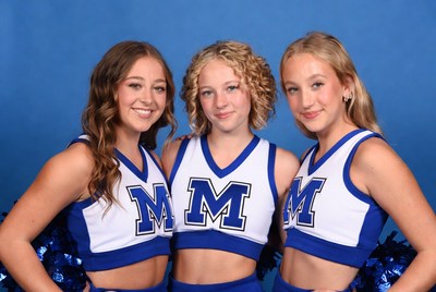 Cheerleaders in blue uniforms pose together