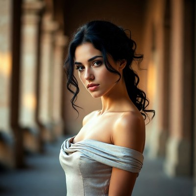 Woman in elegant dress by arches