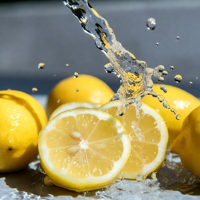 Fresh lemons splashing in water