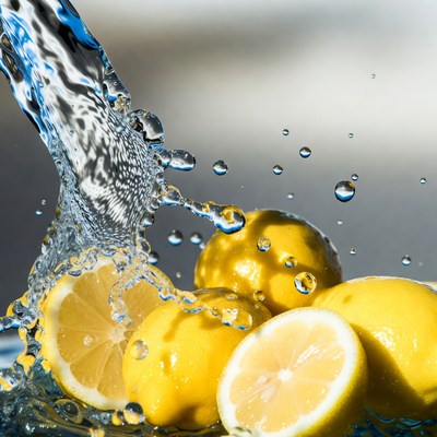 Fresh lemons splashing in water