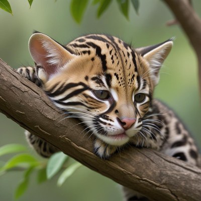 Young ocelot resting on tree branch