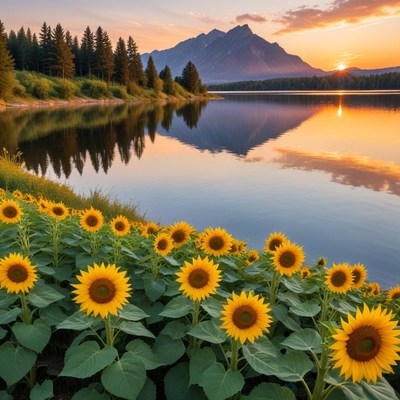 Sunflowers by the mountain lake