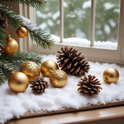 Golden ornaments on snowy windowsill