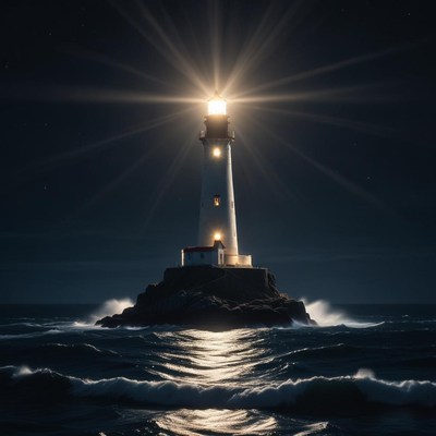 Lighthouse shining bright at night