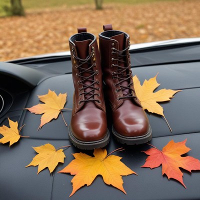 Brown boots on autumn leaves