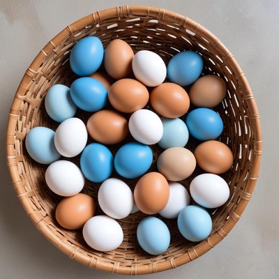 Colorful eggs in a woven basket