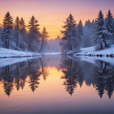 Winter sunset by the tranquil river