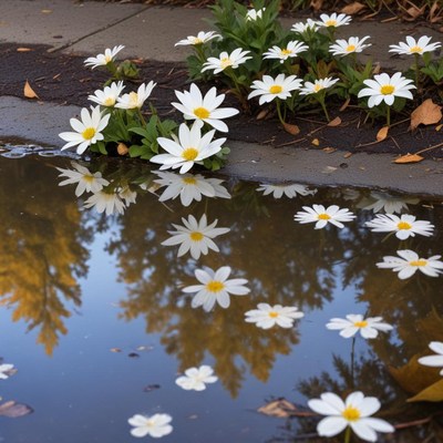 Flowers reflecting in puddle