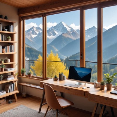 Cozy workspace with mountain view
