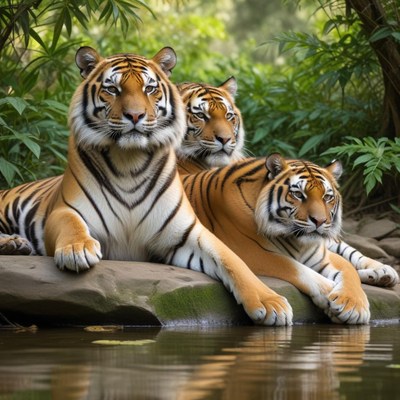 Tigers resting by the river