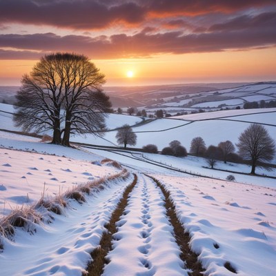 Snowy pathway at sunset