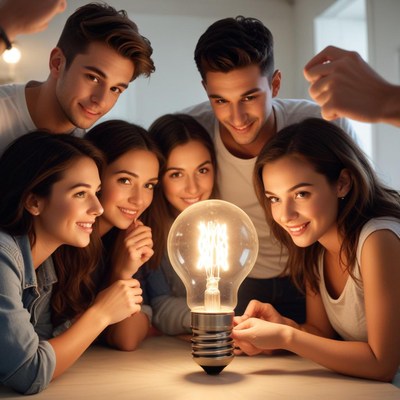 Group of friends around light bulb