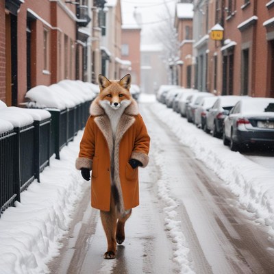 Fox walking in snowy street