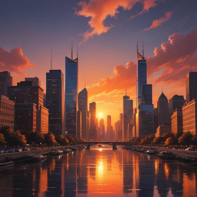 Sunset over city skyline reflection