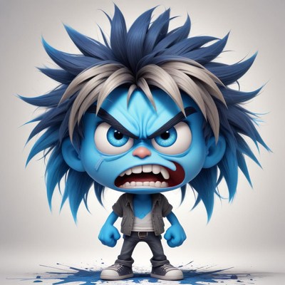 Blue-haired cartoon character, angry look