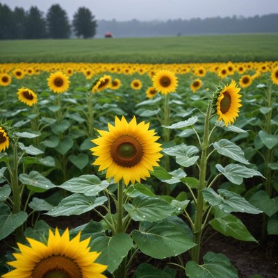 Sunflower field under cloudy sky