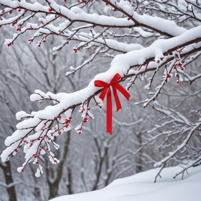 Snowy branch with red ribbon ornament