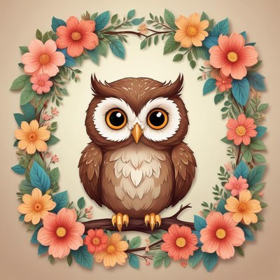 Cute owl surrounded by flowers
