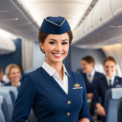 Flight attendants welcoming passengers onboard