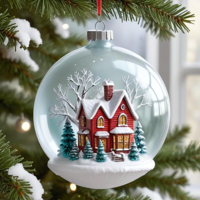 Snowy cottage inside ornament