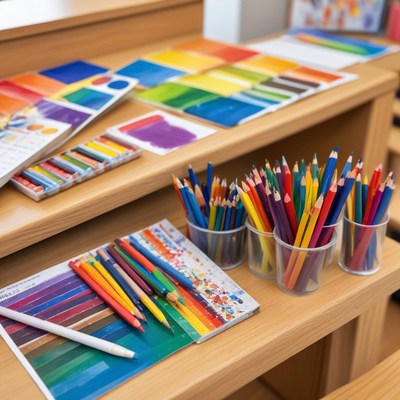 Vibrant art supplies on wooden table