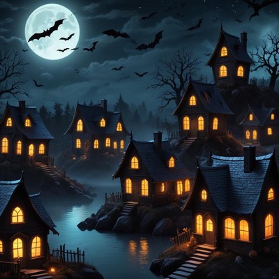 Spooky halloween village at night