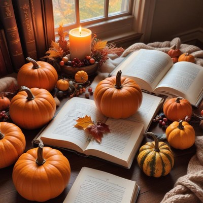 Cozy autumn scene with pumpkins