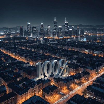 City skyline with bold text at night