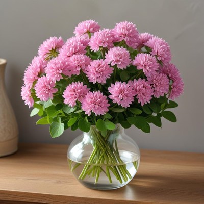 Pink aster bouquet in clear vase