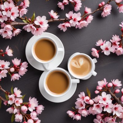 Spring coffee with cherry blossoms