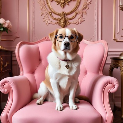 Dog in stylish pink chair