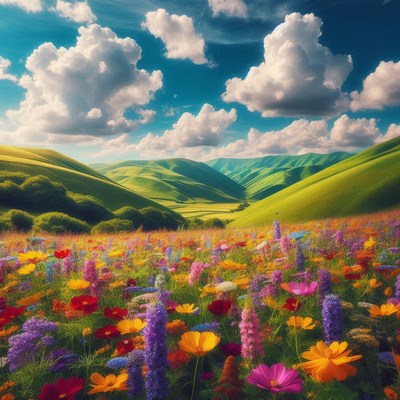 Colorful flower field under blue sky