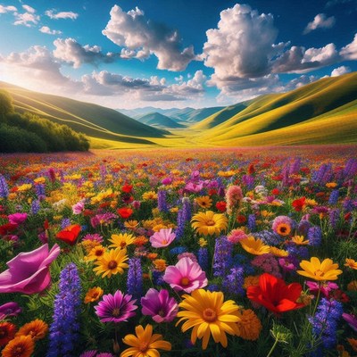Vibrant flower field under blue sky