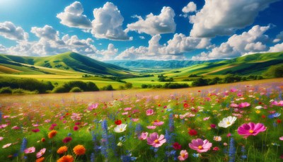 Vibrant flower field under blue sky