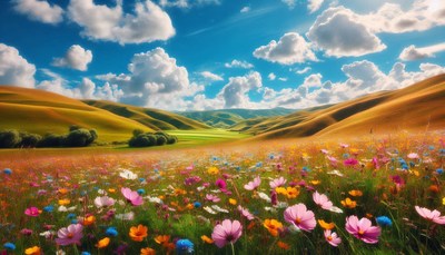 Colorful wildflower meadow under blue sky