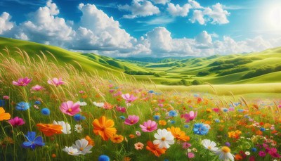 Colorful flower field under clear sky