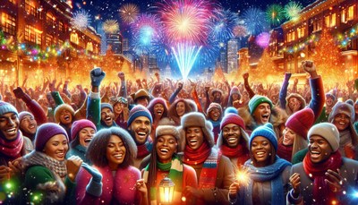 Celebration with fireworks in city square