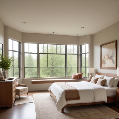 Calm modern bedroom with natural views