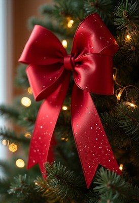 Bright red bow on christmas tree