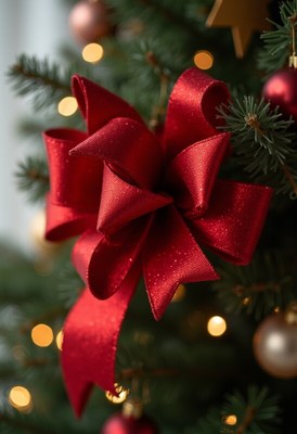 Decorative red bow on christmas tree