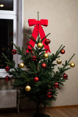 Christmas tree with red bow and decorations