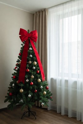 Christmas tree decorated with red bow