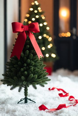 Christmas tree with ribbon decoration indoors