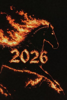 Fiery horse running towards 2026