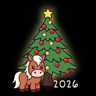Cute horse by christmas tree