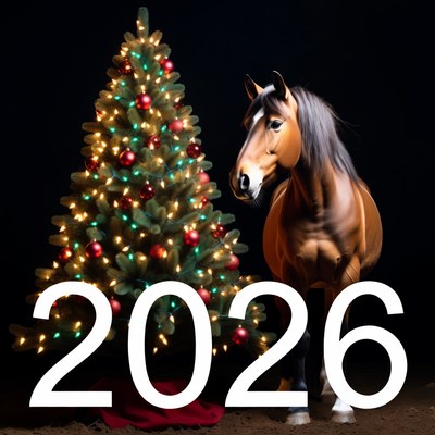 Horse beside a decorated christmas tree