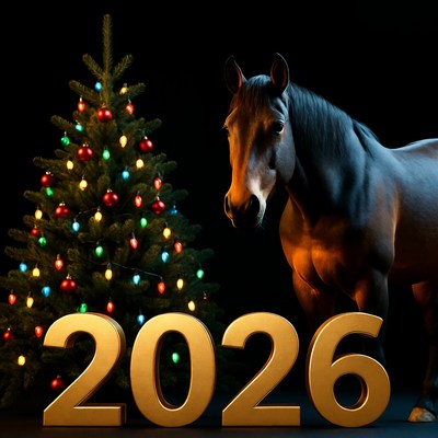 Festive horse by christmas tree
