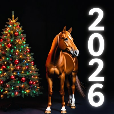 Festive horse beside christmas tree