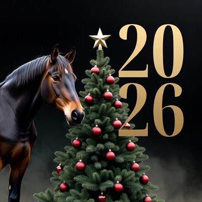 Festive horse and christmas tree scene