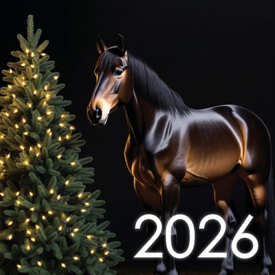 Horse beside christmas tree in dark
